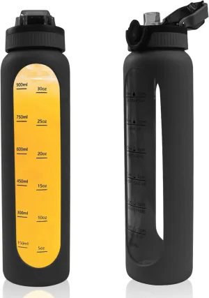 1 Liter Borosilicate Glass Water Bottle with Silicone Sleeve,Drinking Bottle with Time Marker Reminder Quotes,32 Oz Leak Proof Reusable BPA Free Motivational Water Bottles,Black