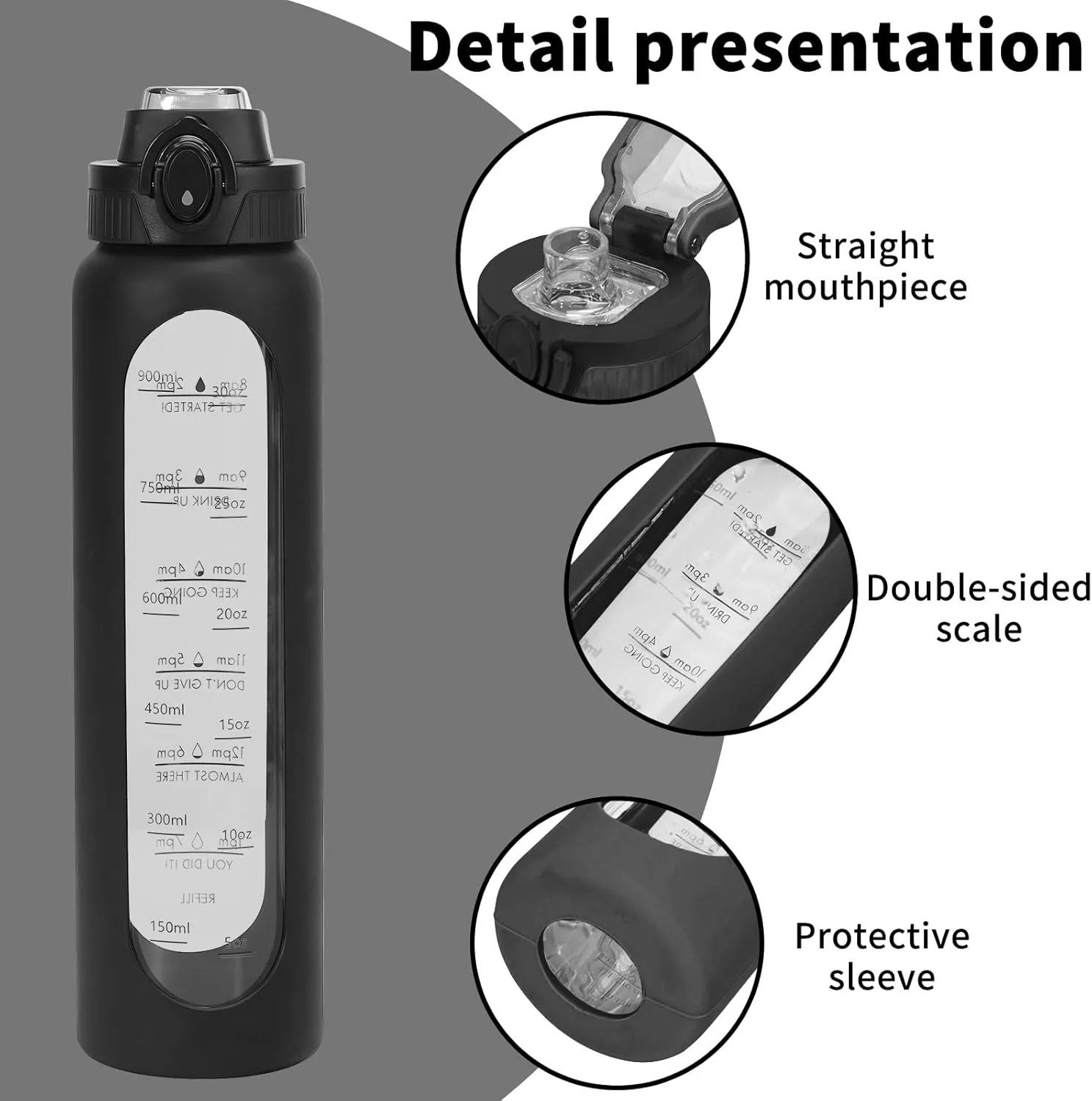 1 Liter Borosilicate Glass Water Bottle with Silicone Sleeve,Drinking Bottle with Time Marker Reminder Quotes,32 Oz Leak Proof Reusable BPA Free Motivational Water Bottles,Black