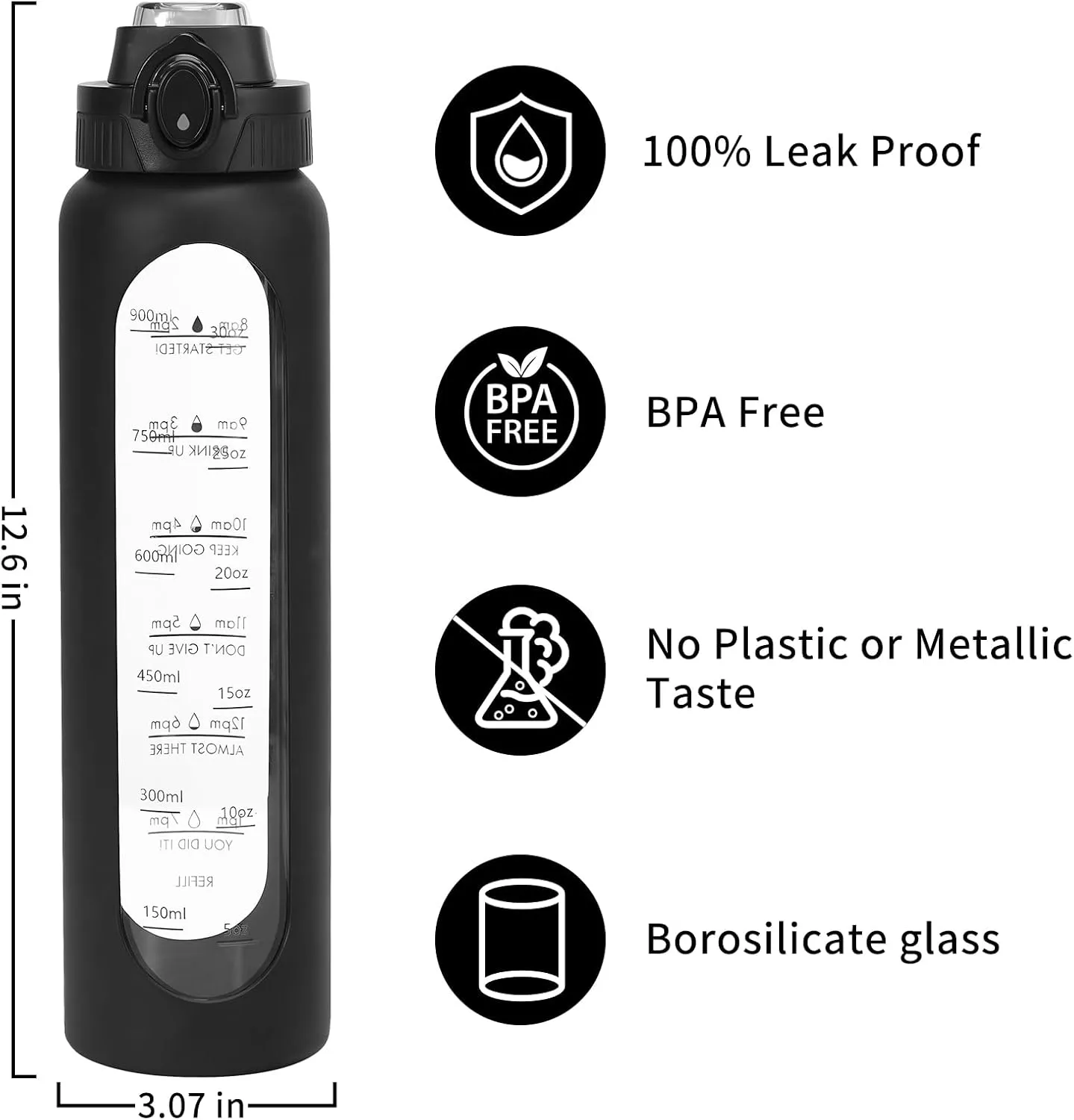 1 Liter Borosilicate Glass Water Bottle with Silicone Sleeve,Drinking Bottle with Time Marker Reminder Quotes,32 Oz Leak Proof Reusable BPA Free Motivational Water Bottles,Black