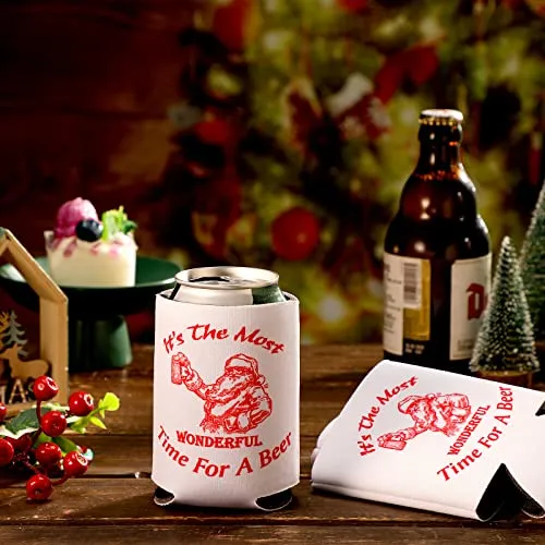 10 Pcs Christmas Santa Beer Can Cooler Christmas Neoprene Slim Beer Can Sleeves Holiday Santa Claus Collapsible Beer Covers for Slim Beer Cans