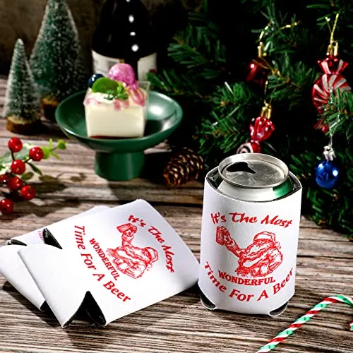 10 Pcs Christmas Santa Beer Can Cooler Christmas Neoprene Slim Beer Can Sleeves Holiday Santa Claus Collapsible Beer Covers for Slim Beer Cans