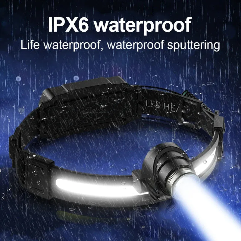 100000LM 7 Modes XPE COB Sensor 270° Wide Angle Headlight Dual Light Head Torch High Power LED Headlamp