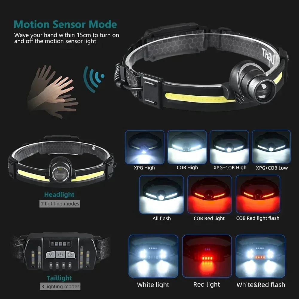 100000LM 7 Modes XPE COB Sensor 270° Wide Angle Headlight Dual Light Head Torch High Power LED Headlamp