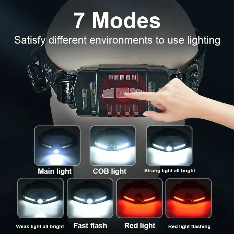 100000LM 7 Modes XPE COB Sensor 270° Wide Angle Headlight Dual Light Head Torch High Power LED Headlamp
