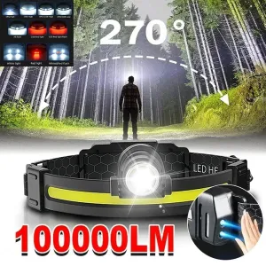 100000LM 7 Modes XPE COB Sensor 270° Wide Angle Headlight Dual Light Head Torch High Power LED Headlamp