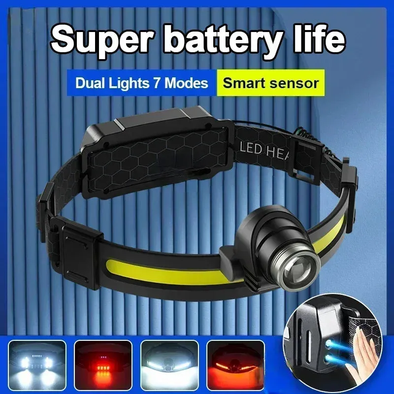 100000LM 7 Modes XPE COB Sensor 270° Wide Angle Headlight Dual Light Head Torch High Power LED Headlamp