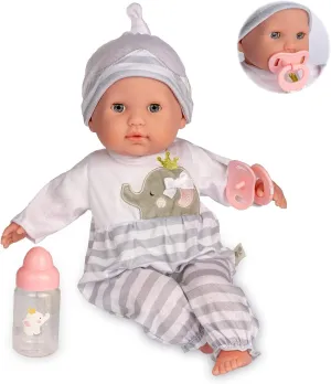 15" Realistic Soft Body Baby Doll with Open/Close Eyes | JC Toys - Berenguer Boutique | Bottle & Pacifier | Grey | Ages 2 