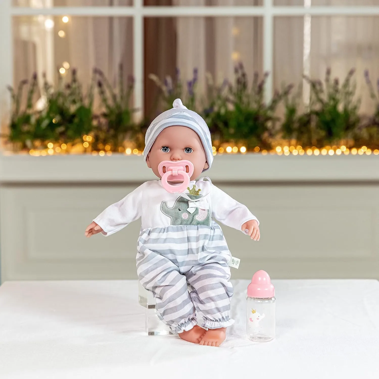 15" Realistic Soft Body Baby Doll with Open/Close Eyes | JC Toys - Berenguer Boutique | Bottle & Pacifier | Grey | Ages 2 