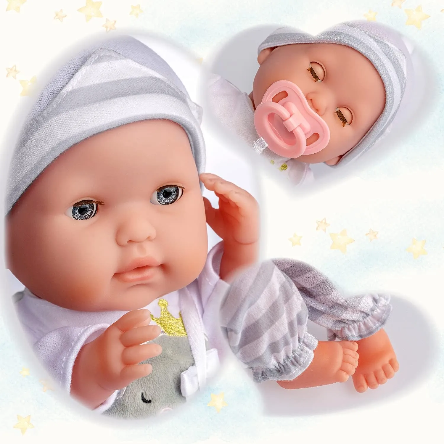 15" Realistic Soft Body Baby Doll with Open/Close Eyes | JC Toys - Berenguer Boutique | Bottle & Pacifier | Grey | Ages 2 