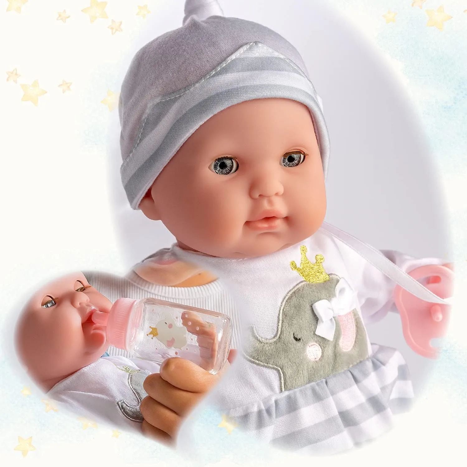 15" Realistic Soft Body Baby Doll with Open/Close Eyes | JC Toys - Berenguer Boutique | Bottle & Pacifier | Grey | Ages 2 