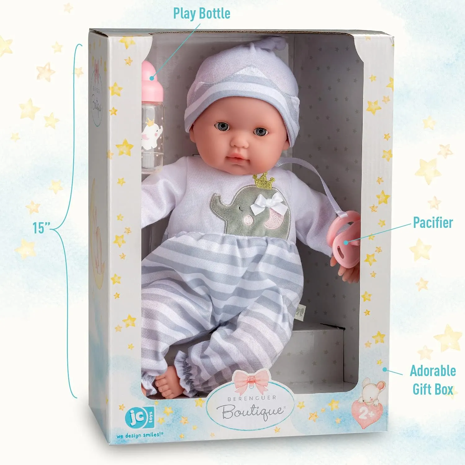 15" Realistic Soft Body Baby Doll with Open/Close Eyes | JC Toys - Berenguer Boutique | Bottle & Pacifier | Grey | Ages 2 