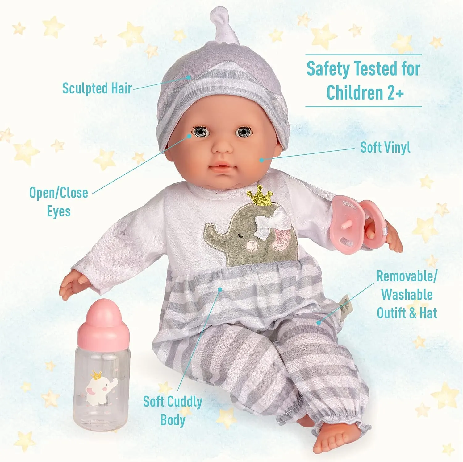 15" Realistic Soft Body Baby Doll with Open/Close Eyes | JC Toys - Berenguer Boutique | Bottle & Pacifier | Grey | Ages 2 