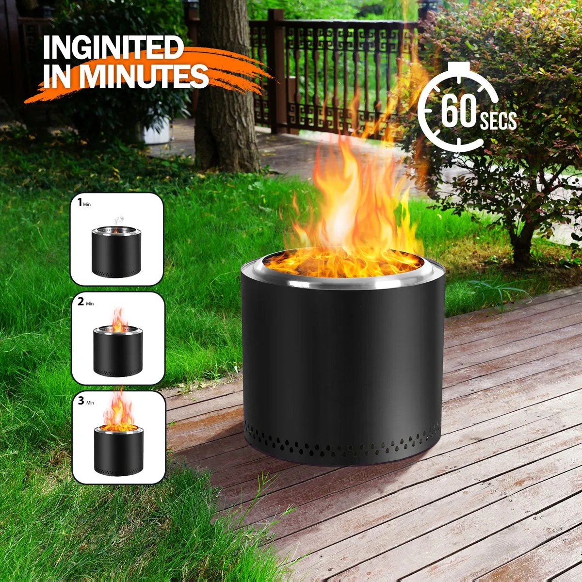 19 Inch Smokeless Fire Pit, Portable Outdoor Firepit for Camping, Stainless Steel, Black