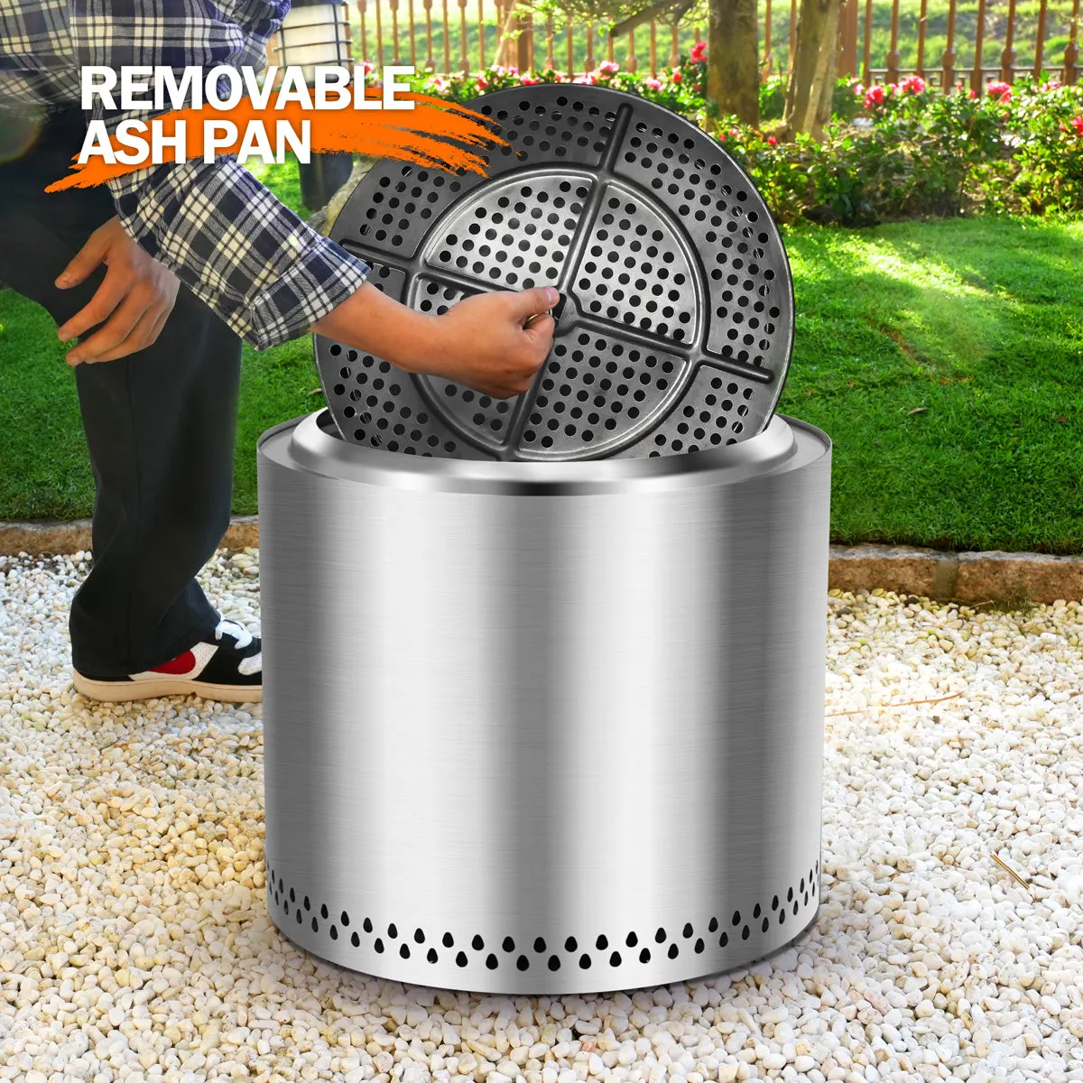 19 Inch Smokeless Fire Pit, Portable Outdoor Firepit for Camping, Stainless Steel, Silver
