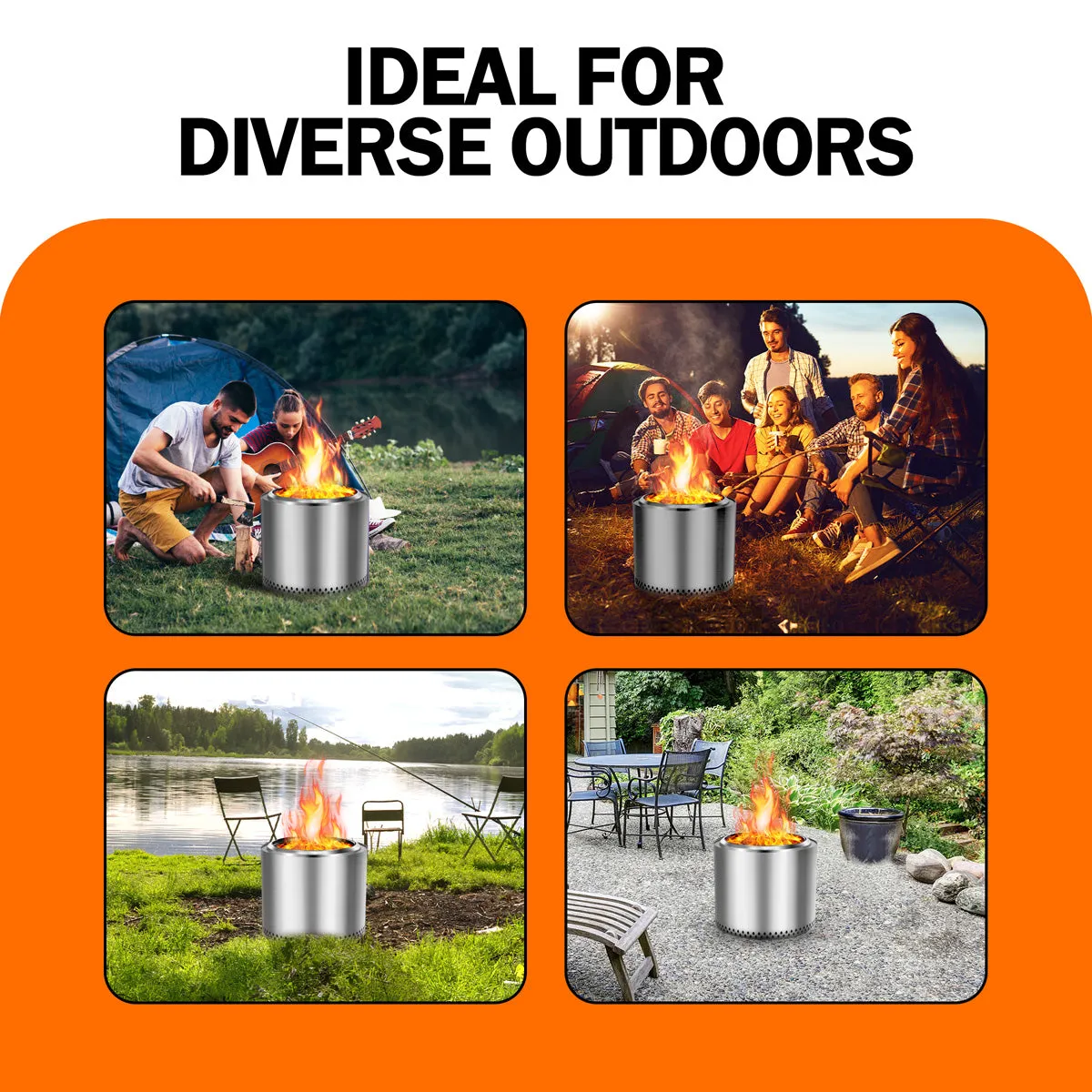 19 Inch Smokeless Fire Pit, Portable Outdoor Firepit for Camping, Stainless Steel, Silver