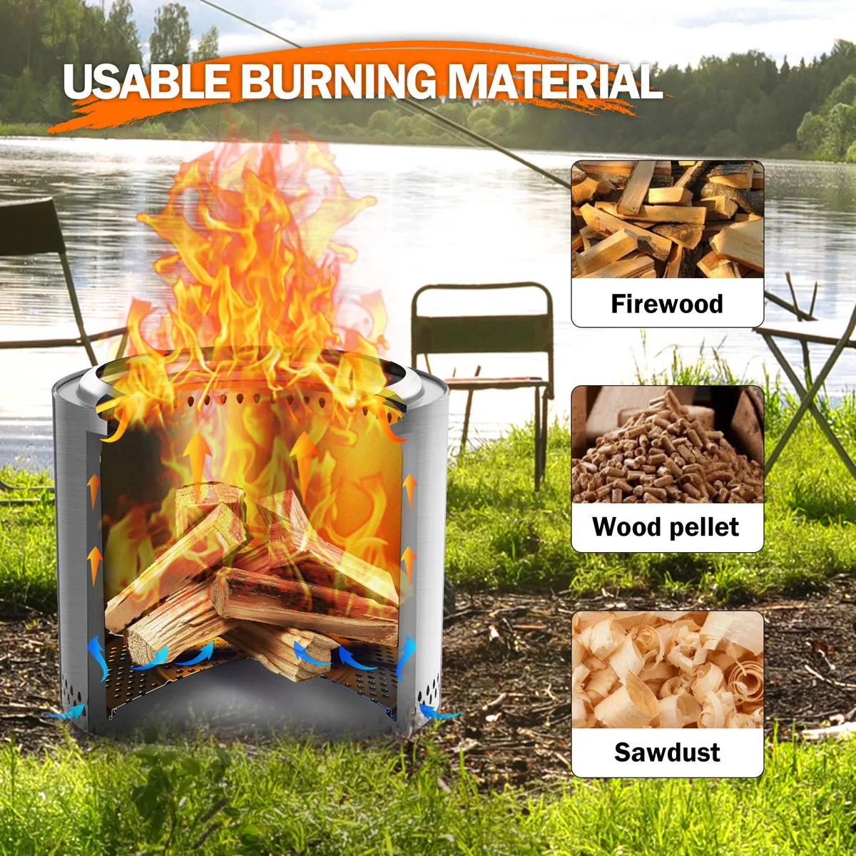 19 Inch Smokeless Fire Pit, Portable Outdoor Firepit for Camping, Stainless Steel, Silver