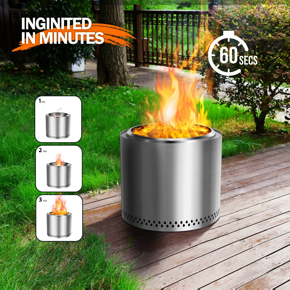 19 Inch Smokeless Fire Pit, Portable Outdoor Firepit for Camping, Stainless Steel, Silver