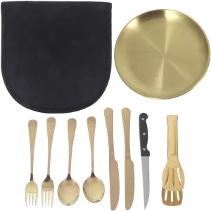 1set Stainless Steel Camping Utensil Portable Travel Cutlery Kit with Serving Spoon Storage Bag Sleek Design for Outdoor Dining Easy to Clean