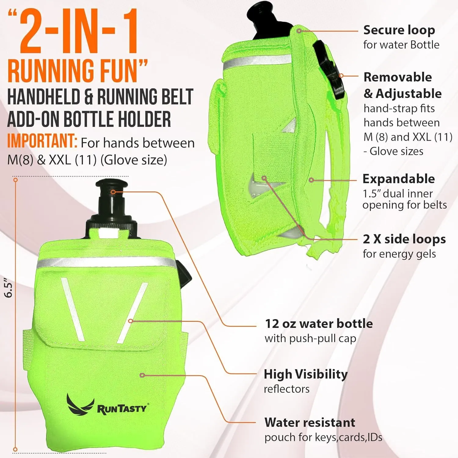 2-in-1 Running Fun – Handheld 12 Oz Water Bottle & Running Belt Add-On – No-Grip Design, Straps on Hand & Slides on Belt, Waterproof Pocket for Money, Keys, Gels – Maximize Time, Freedom & Health