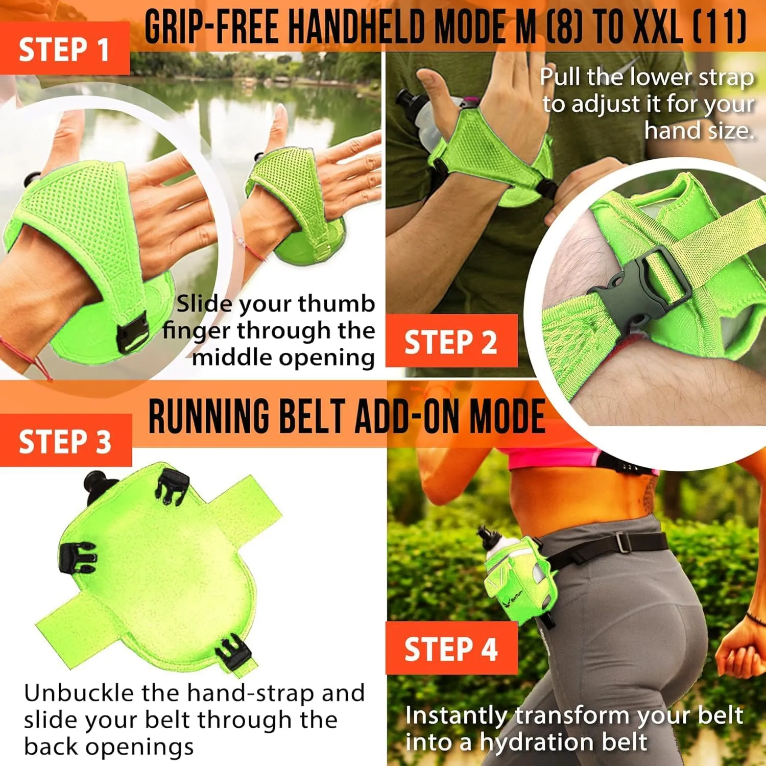 2-in-1 Running Fun – Handheld 12 Oz Water Bottle & Running Belt Add-On – No-Grip Design, Straps on Hand & Slides on Belt, Waterproof Pocket for Money, Keys, Gels – Maximize Time, Freedom & Health