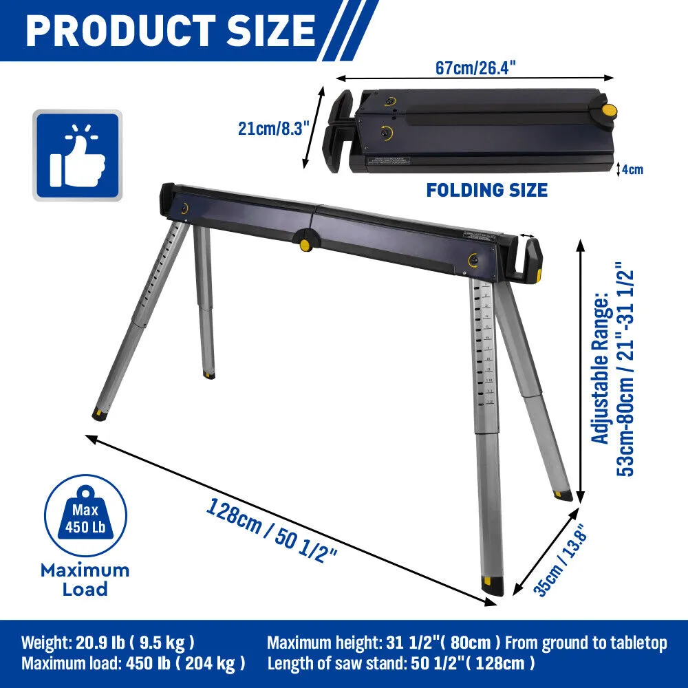 2-Pack Adjustable Steel Sawhorses - Portable & Foldable Support Up to 450lbs