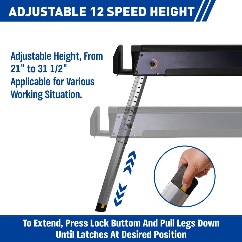 2-Pack Adjustable Steel Sawhorses - Portable & Foldable Support Up to 450lbs