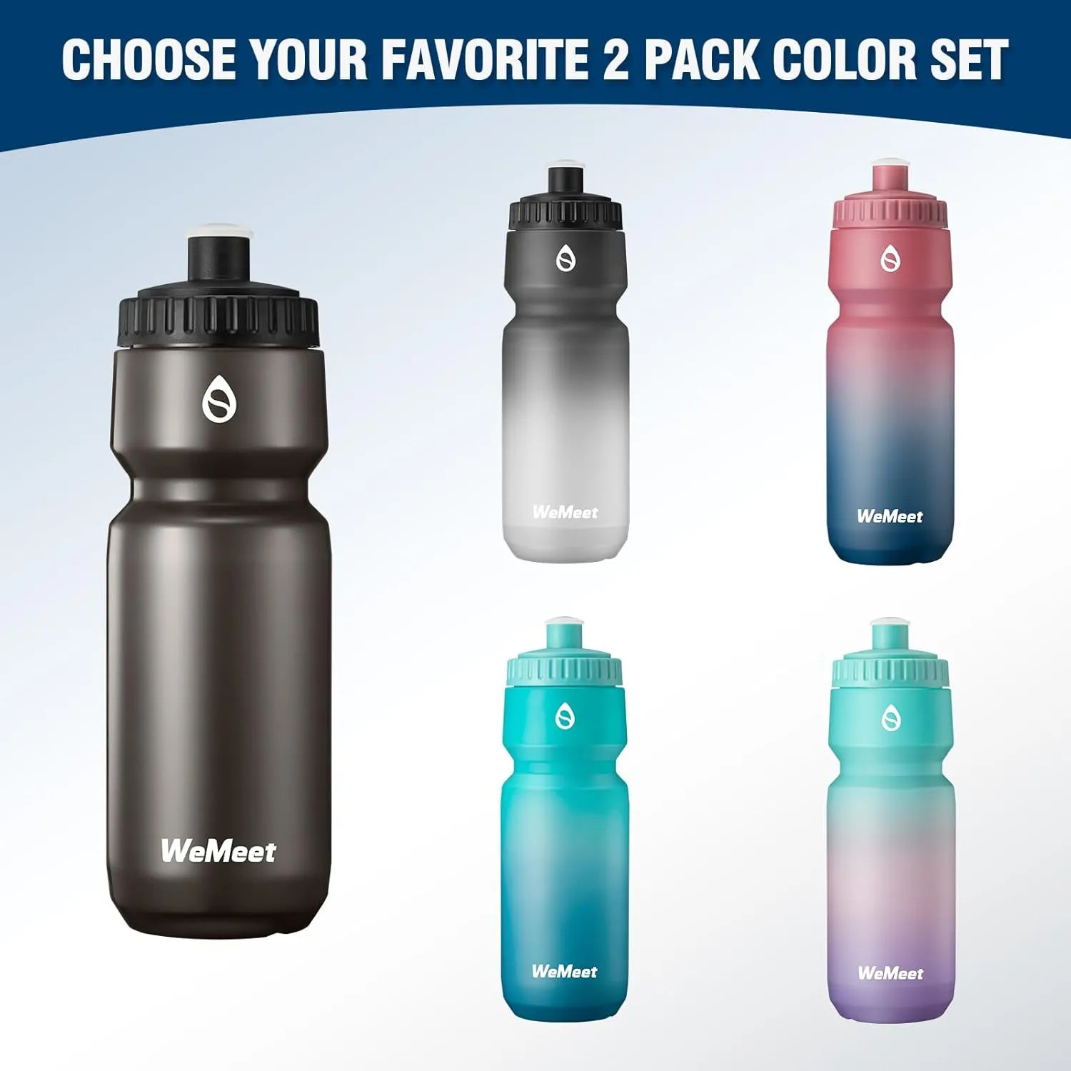 2-Pack Bike Water Bottle with Bite Valve, BPA Free, Fits Most Bike Cages, for Hiking, Bicycle Squeeze Sport Water Bottle for Riding, Hiking (Black & Green Blue, 32oz)