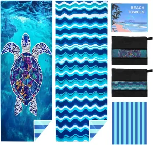 2 Pack Microfiber Quick Dry Beach Towels, 71"x39" Oversized Thin Lightweight Super Absorbent Compact Towel in a Gift Box for Travel, Swim Pool, Yoga, Camping. Vacation Gift（Turtle & Wave）
