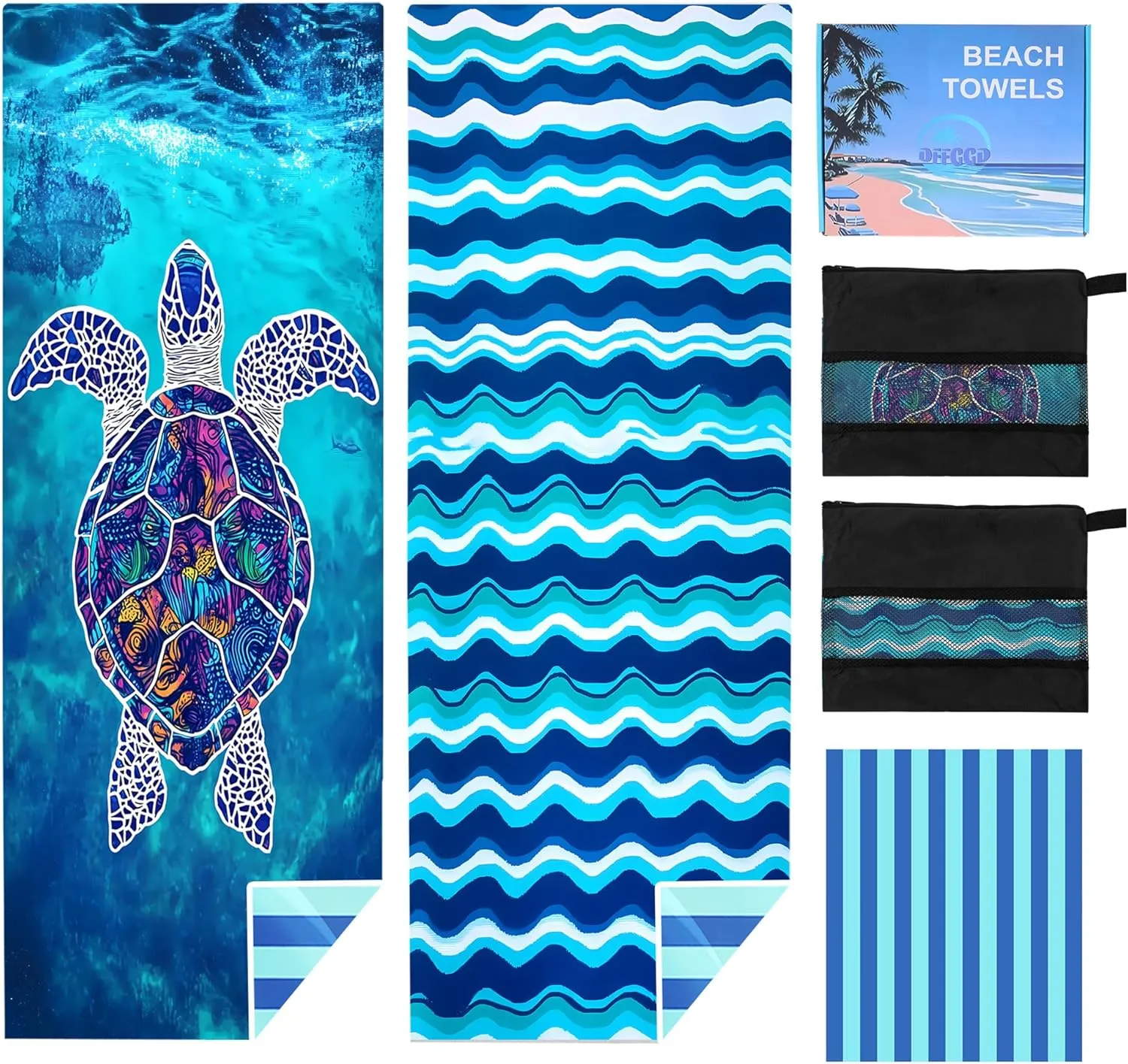 2 Pack Microfiber Quick Dry Beach Towels, 71"x39" Oversized Thin Lightweight Super Absorbent Compact Towel in a Gift Box for Travel, Swim Pool, Yoga, Camping. Vacation Gift（Turtle & Wave）