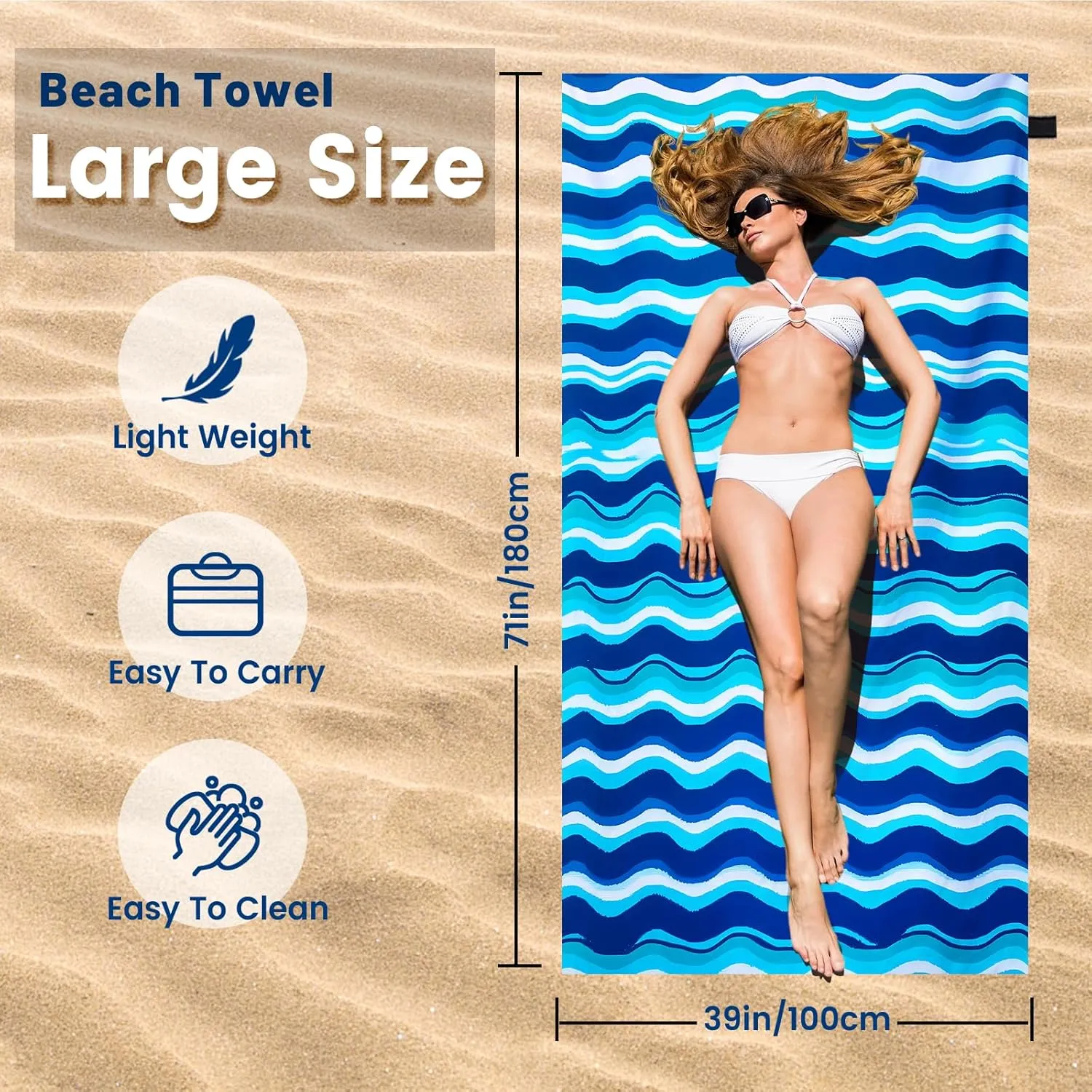 2 Pack Microfiber Quick Dry Beach Towels, 71"x39" Oversized Thin Lightweight Super Absorbent Compact Towel in a Gift Box for Travel, Swim Pool, Yoga, Camping. Vacation Gift（Turtle & Wave）