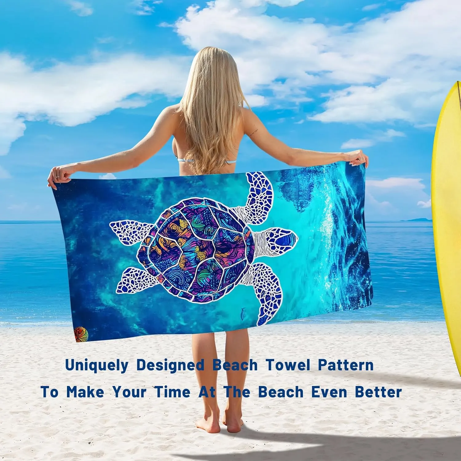 2 Pack Microfiber Quick Dry Beach Towels, 71"x39" Oversized Thin Lightweight Super Absorbent Compact Towel in a Gift Box for Travel, Swim Pool, Yoga, Camping. Vacation Gift（Turtle & Wave）