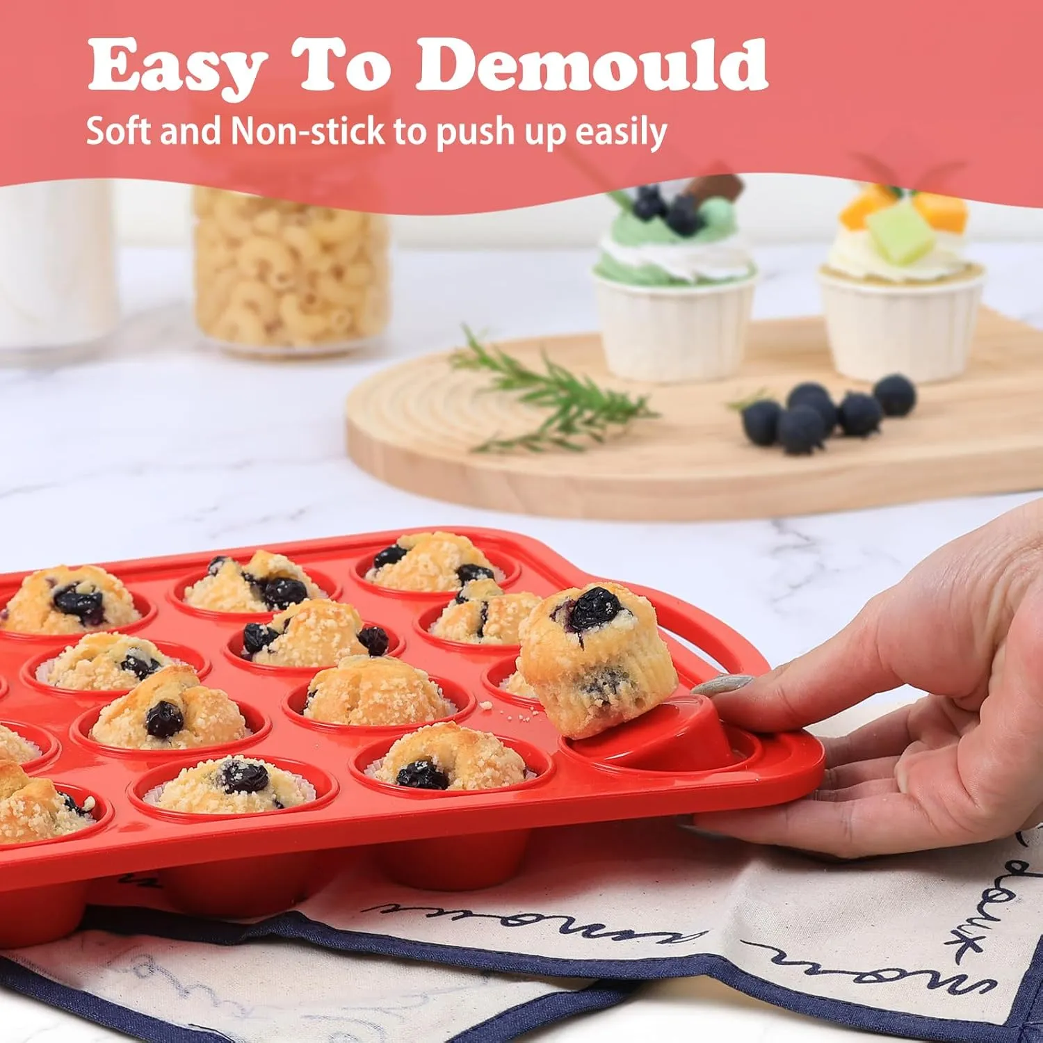 2 Pack Mini Silicone Muffin Pan with Metal Frame, Non-stick Regular Silicone Cupcake Pan with Handles 24 Cup, Silicon Muffin Tin Tray for baking, egg bites, Cupcake Mold, BPA Free Red