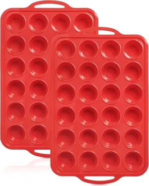 2 Pack Mini Silicone Muffin Pan with Metal Frame, Non-stick Regular Silicone Cupcake Pan with Handles 24 Cup, Silicon Muffin Tin Tray for baking, egg bites, Cupcake Mold, BPA Free Red