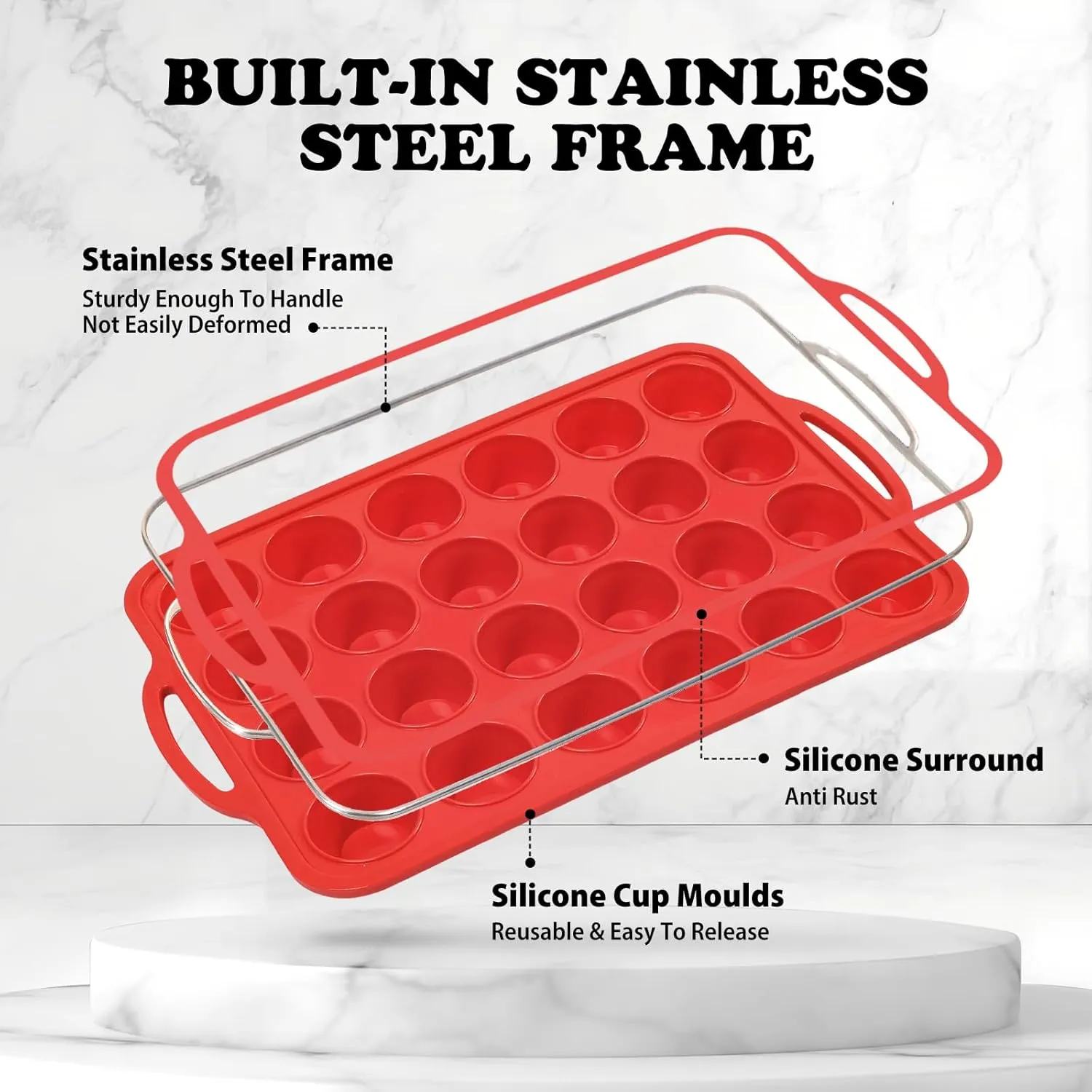 2 Pack Mini Silicone Muffin Pan with Metal Frame, Non-stick Regular Silicone Cupcake Pan with Handles 24 Cup, Silicon Muffin Tin Tray for baking, egg bites, Cupcake Mold, BPA Free Red