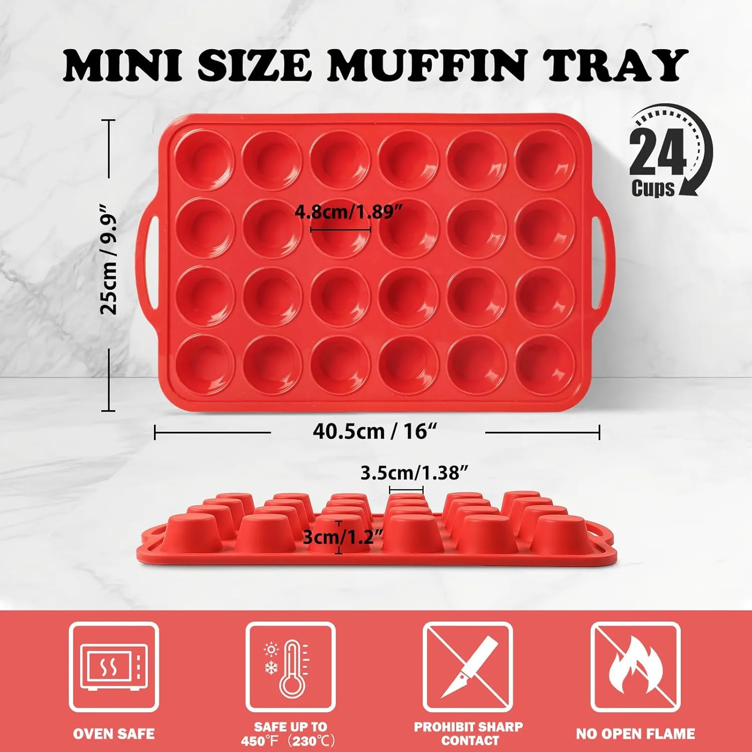2 Pack Mini Silicone Muffin Pan with Metal Frame, Non-stick Regular Silicone Cupcake Pan with Handles 24 Cup, Silicon Muffin Tin Tray for baking, egg bites, Cupcake Mold, BPA Free Red