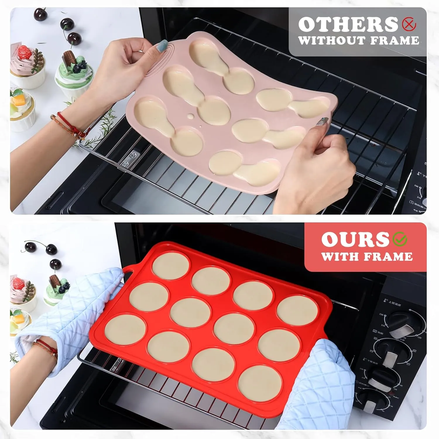 2 Pack Silicone Muffin Pan with Metal Frame, Non-stick Regular Silicone Cupcake Pan with Handles 12 Cup, Silicon Muffin Tin Tray for baking, egg bites, Cupcake Mold, BPA Free Red