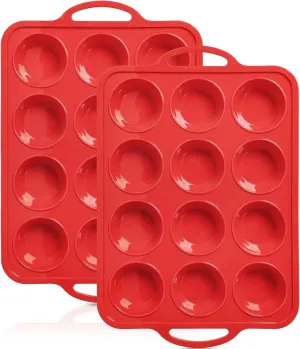 2 Pack Silicone Muffin Pan with Metal Frame, Non-stick Regular Silicone Cupcake Pan with Handles 12 Cup, Silicon Muffin Tin Tray for baking, egg bites, Cupcake Mold, BPA Free Red