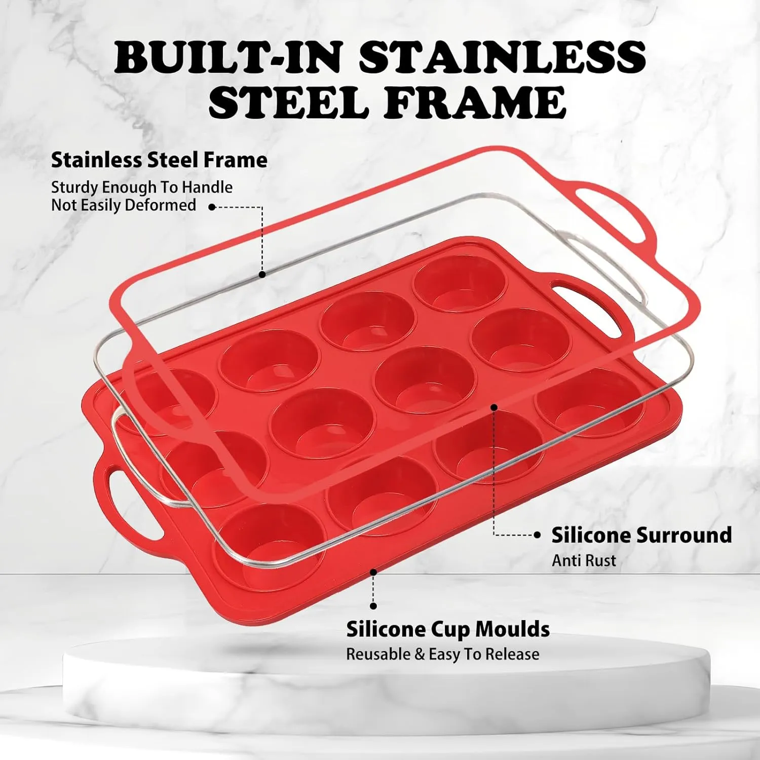 2 Pack Silicone Muffin Pan with Metal Frame, Non-stick Regular Silicone Cupcake Pan with Handles 12 Cup, Silicon Muffin Tin Tray for baking, egg bites, Cupcake Mold, BPA Free Red