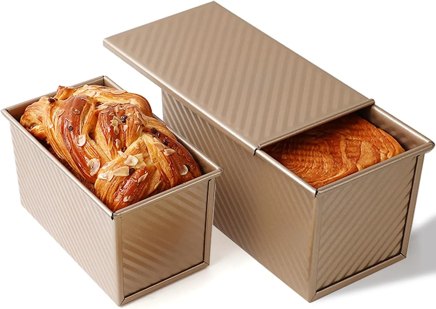 2 Packs Pullman Loaf Pan with Lid, 1 lb Dough 0.5 lb Dough Capacity, Carbon Steel Corrugated, Nonstick Sandwich Bread Loaf Pan with Lid