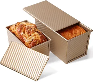 2 Packs Pullman Loaf Pan with Lid, 1 lb Dough 0.5 lb Dough Capacity, Carbon Steel Corrugated, Nonstick Sandwich Bread Loaf Pan with Lid