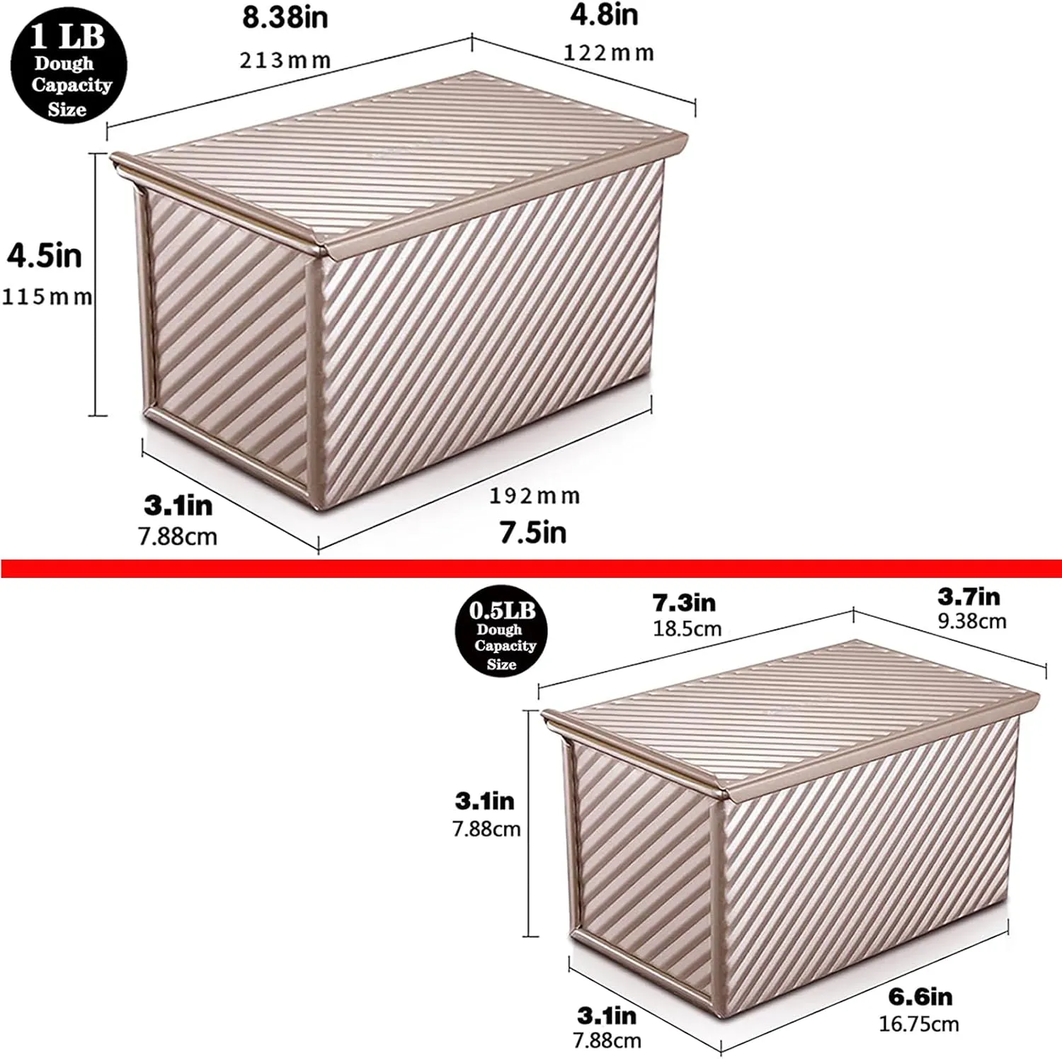 2 Packs Pullman Loaf Pan with Lid, 1 lb Dough 0.5 lb Dough Capacity, Carbon Steel Corrugated, Nonstick Sandwich Bread Loaf Pan with Lid