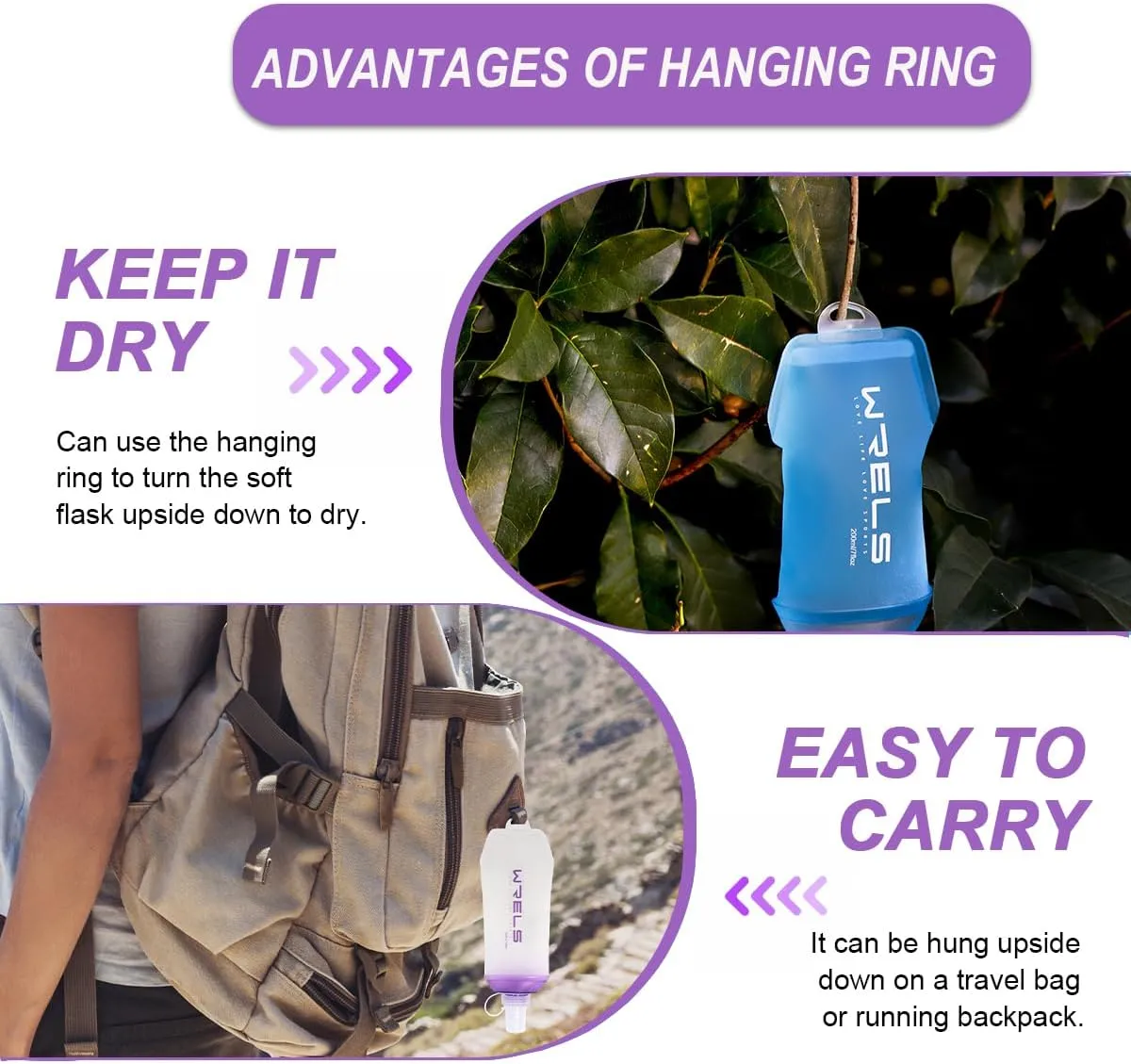 200ml/350ml/500ml Collapsible Soft Flask,BPA Free Folding Soft Water Bottle with Hanging Ring,Lightweight TPU Hydration Flask for Running Marathon Cycling Hiking(500ml-2 Packs)