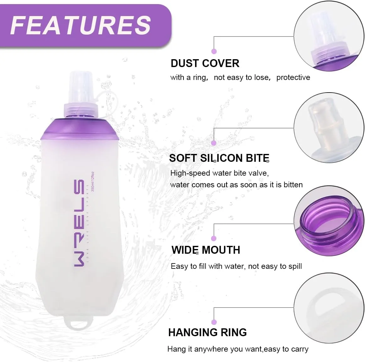 200ml/350ml/500ml Collapsible Soft Flask,BPA Free Folding Soft Water Bottle with Hanging Ring,Lightweight TPU Hydration Flask for Running Marathon Cycling Hiking(500ml-2 Packs)