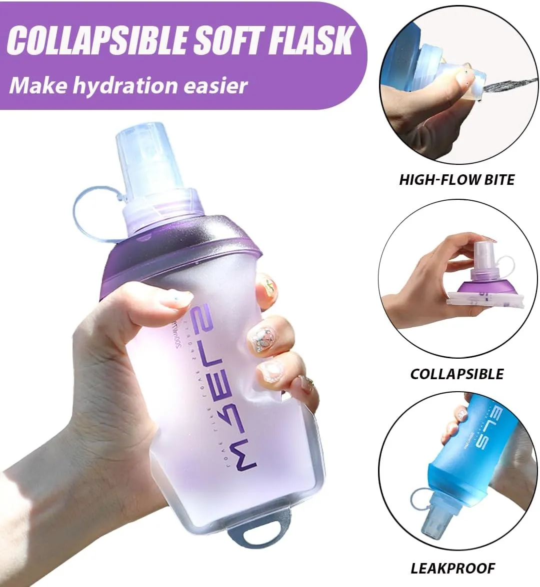 200ml/350ml/500ml Collapsible Soft Flask,BPA Free Folding Soft Water Bottle with Hanging Ring,Lightweight TPU Hydration Flask for Running Marathon Cycling Hiking(500ml-2 Packs)