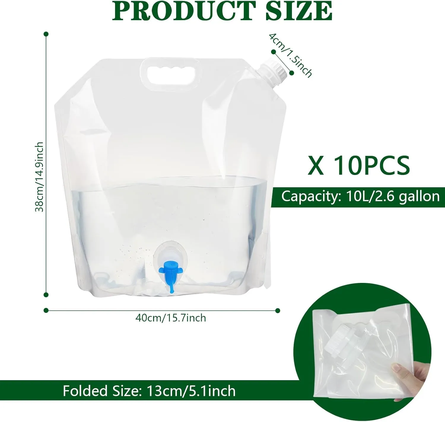 2/10 Pack 2.6 Gallon Premium Collapsible Water Container Bag, BPA Free Food Grade Clear Plastic Storage Jug, No-Leak Freezable Fold-able Water Bottle for Camping, Hiking, Backpacking, Emergency