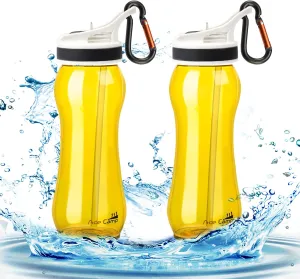 21OZ Curved Design Water Bottle with Straw 2 Pack for School Kids Boys Girls Tritan, Easy to grasp Water Bottle with clip BPA Free for Backpack,Outdoor,Sports,Travel, Portable and Leakproof Yellow