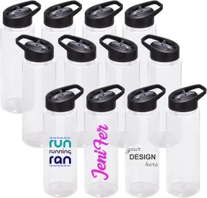 24 oz Clear Water Bottles with Straw, 12 Pack Bulk Reusable Sports Water Bottle with Handle, Wide Mouth & Portable for Travel Gym Cycling Hiking Camping, for Personalized DIY Teacher Nurse Gift