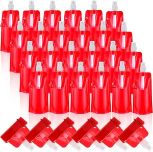 24 Pack Collapsible Water Bottles Bulk 16oz Foldable Water Bottles with Carabiner Reusable Drinking Leak Proof Container Bags for Sports Biking Hiking Camping Travel Outdoor(Red)