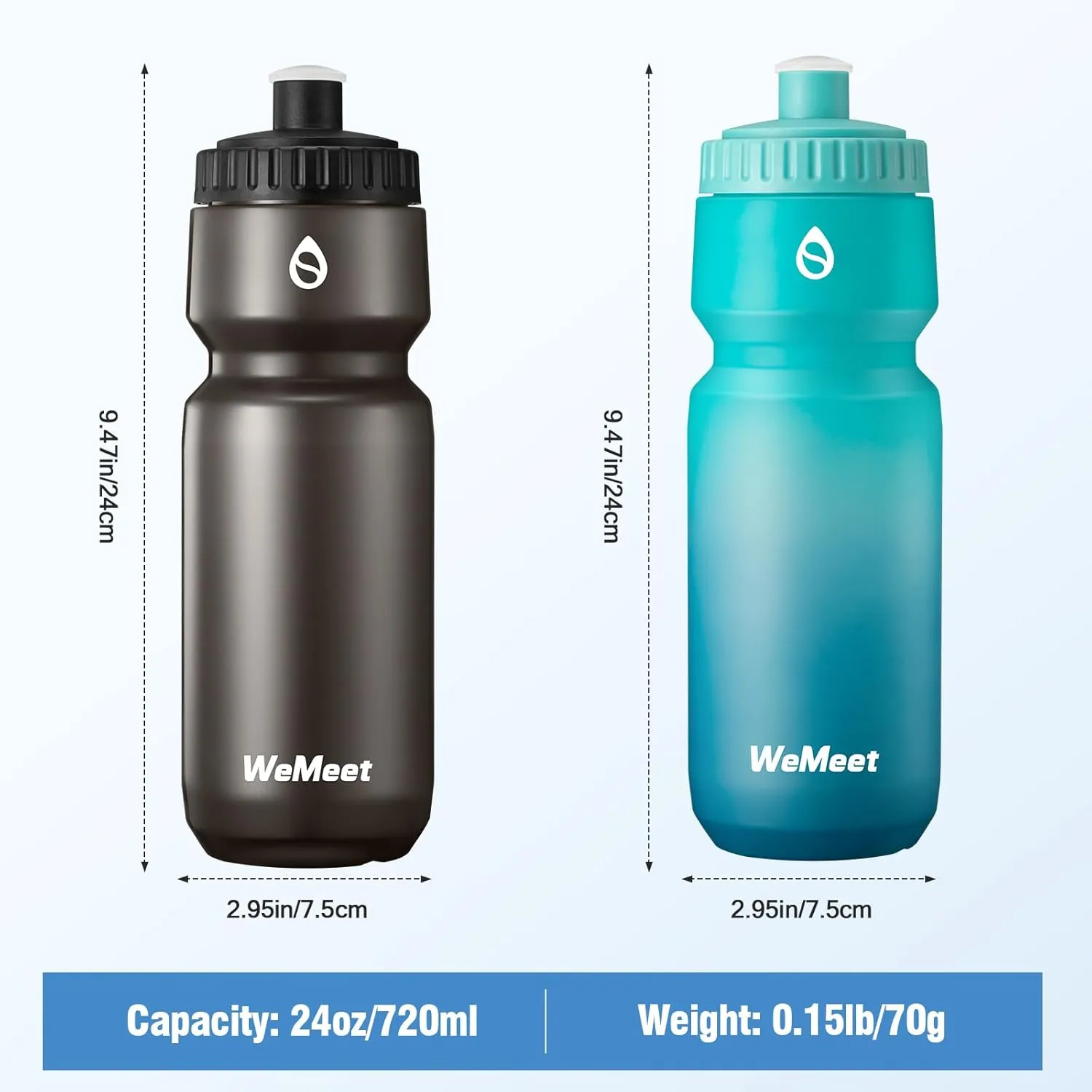 24oz Cycling Sports Bottle, Fits Most Bike Cages, LeakProof, BPA Free, Mountain Bike Squeeze Bottle with Capacity Scale, for Gym, Travel,Hiking (Black & Green Blue, 2 Pack)