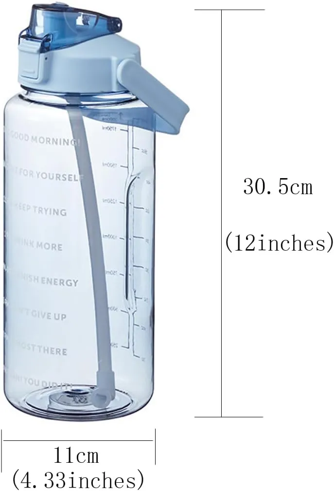 2L/2000ml Water Bottle with Time Markers, BPA-Free, Leak-Proof Straw Lid, Easy Carry Handle, Ideal for Fitness, Hiking, Travel, and Daily Hydration Goals (Blue)